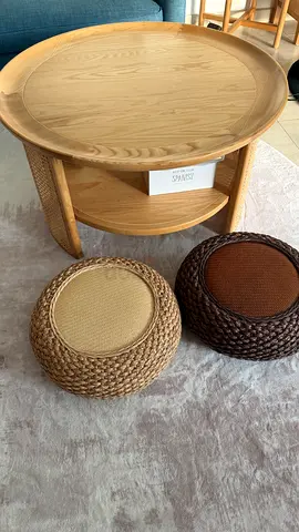 Round Oak Coffee Table with Two Woven Poufs - Good Condition