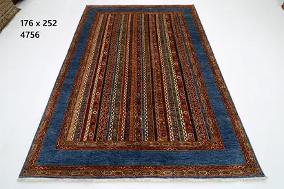 1.8 x 2.5 m Handmade Afghan floral turkish carpet  Rug - Blue Border, Striped Pattern living office