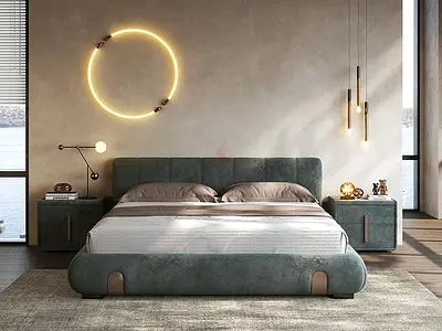 Modern upholstered bed with matching nightstands and mattress