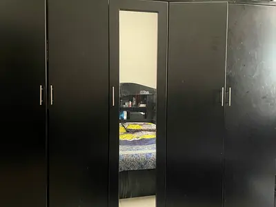 Large Black 5--Door Wardrobe with Center Mirror - Good Condition