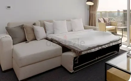Light Beige Fabric L-Shaped Sofa with Pull-Out Bed (Convertible Sofa Bed)