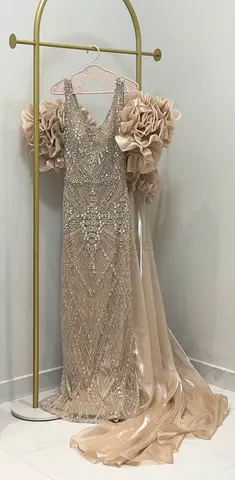 Beige beaded gown with train for sale