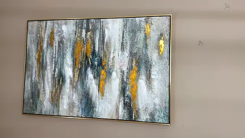 Large Abstract Textured Wall Painting with Gold Accents - Framed