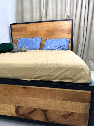 Solid Wood Double Bed Frame with Headboard (Good Condition)