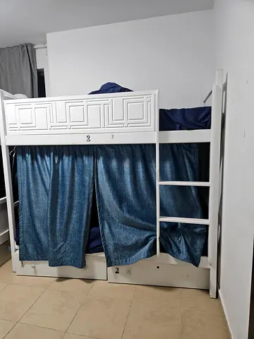 White Wooden Bunker Beds With Mattress, Curtains, Drawers, Quilt, Bedsheets - Good Condition