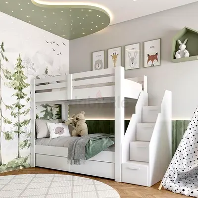 White wooden bunk bed with storage stairs - good condition
