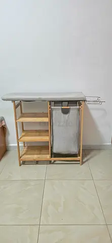 Wooden Ironing Board with Shelves and Laundry Bag