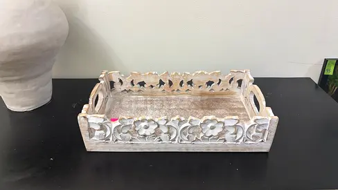 Hand-carved Whitewashed Wooden Serving Tray with Handles