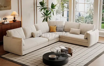 Spacious L-shaped Beige Fabric Corner Sofa -  Modern Design