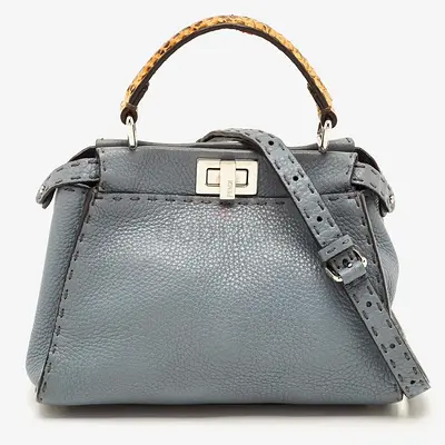 Authentic Fendi Peekaboo Mini Light Blue Selleria Leather and Python Trim Top Handle Bag