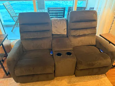 LazyBoy Original Grey  2-Seater Recliner Sofa with Center Console and Cup Holders