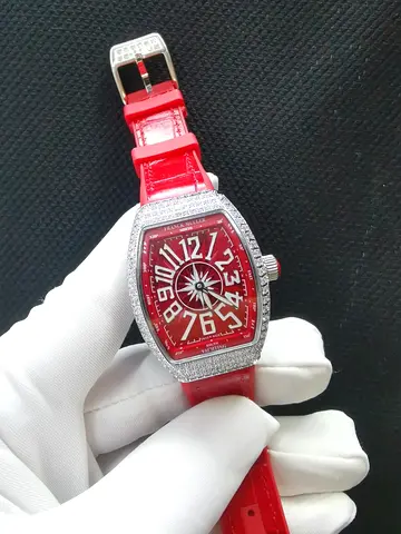 Franck Muller Red leather strap womens Master Copy watch with crystal-studded bezel