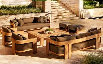 Solid Teak Outdoor Sofa Set with Coffee Table and Ottomans - 6 Pieces