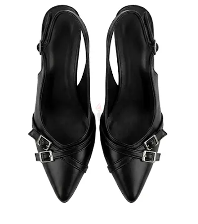 Black Pointed Slingback Flats with Buckle Detail - Size Unknown