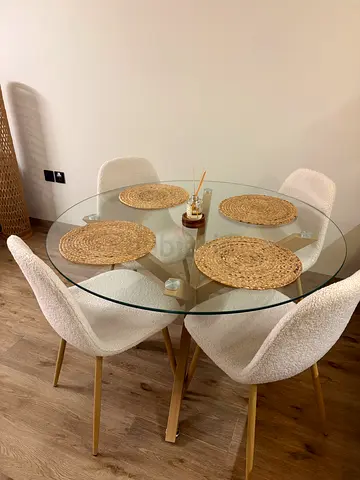 Glass Round Dining Table with 4 Bouclé Chairs - Modern Set