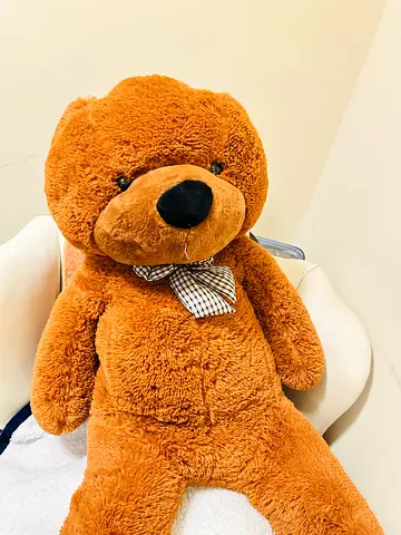 Large Brown Plush Teddy Bear with Bow - Good Condition
