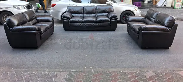 Black Leather 3-Piece Sofa Set — 3-seater + 2x 2-seaters, Good Condition