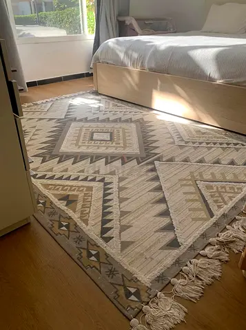 Neutral Geometric Flatweave Rug with Fringe - 160x230cm (approx)
