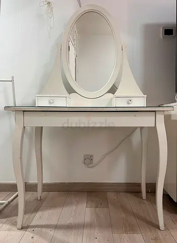 White Wooden Dressing Table with Oval Mirror and Drawers - good condition