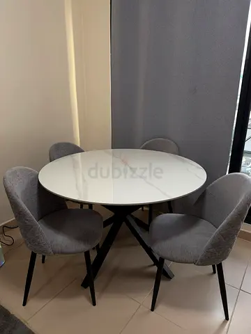 Round Ceramic -Top Dining Table with 4 Grey Fabric Chairs