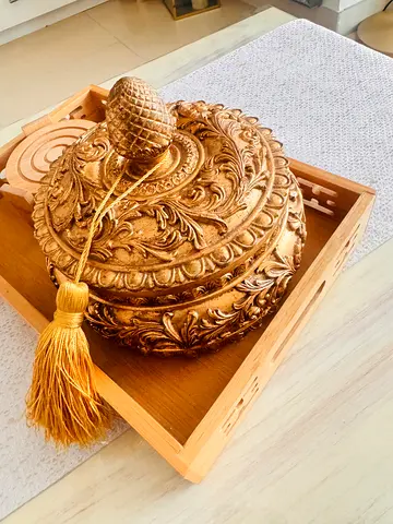 Ornate Gold Decorative Lidded Bowl with Tassel - Excellent Condition