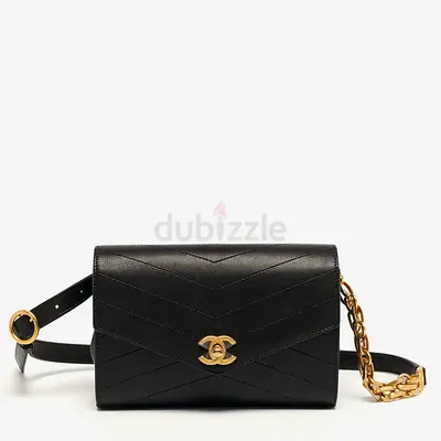 Authentic Chanel Coco Black Chevron Leather Waist Belt Bag