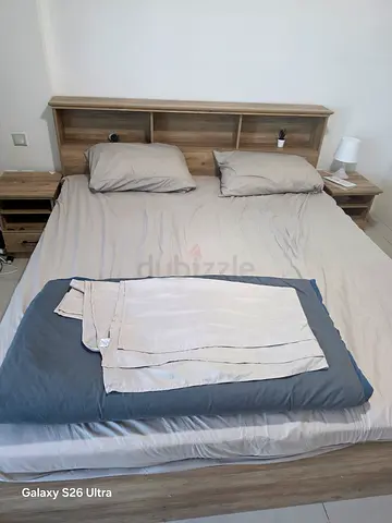 King-size bed frame + A grade mattress with built-in headboard storage (wood finish)