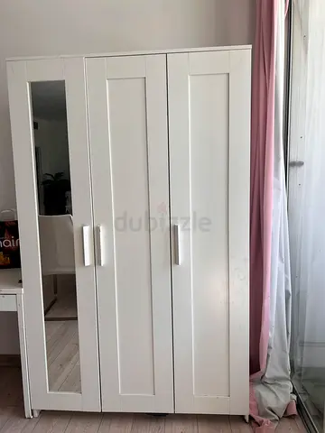 White 3-Door Wardrobe with Mirror - Good Condition