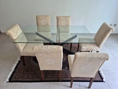 Glass Top Dining Table with 6 Upholstered Chairs (Beige) - Good Condition