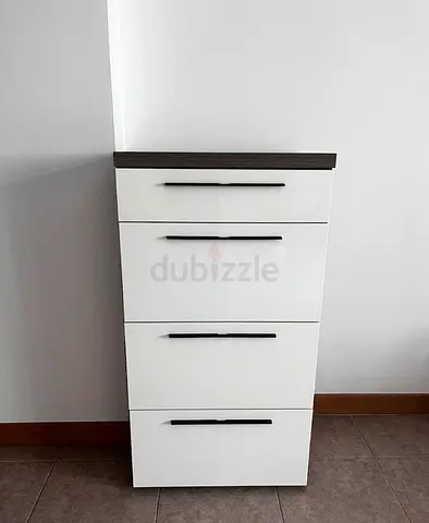 Slim 4-Drawer White Chest with Dark Wood Top