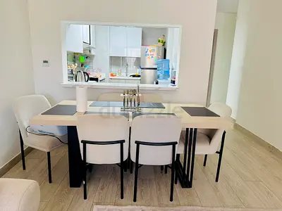 Modern 6-Seater Dining Table with Upholstered Chairs - Light Wood Finish