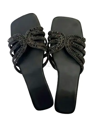 Black Beaded Flat Slide Sandals - Size Not Specified