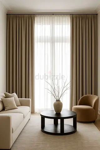 Neutral floor-to-ceiling curtains with sheer liner - set