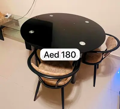 Round Glass Dining Table with 3 Cushioned Chairs - Black