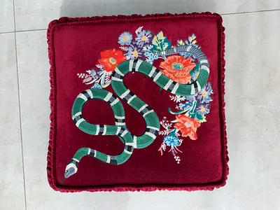 Gucci Embroidered Burgundy Velvet Cushion with Snake Motif