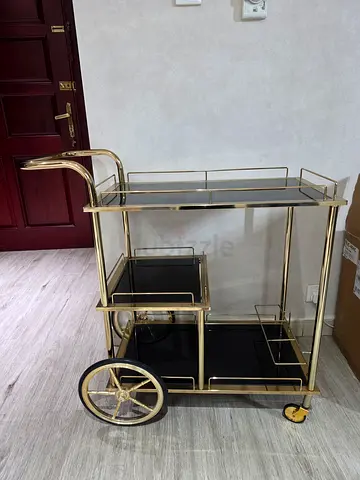 Gold Metal Bar Cart with Glass Shelves and Wheels