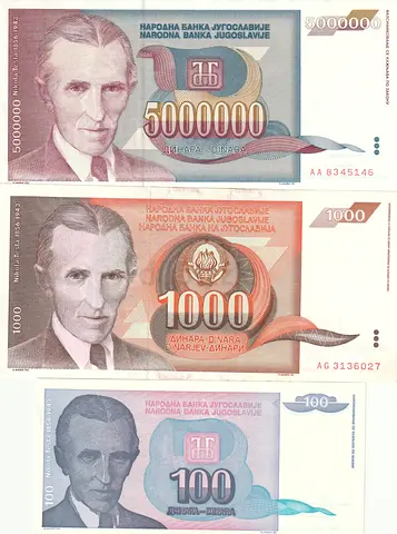 YUGOSLAVIA NICOLA TESLA BANKNTOE SET 1990-1994