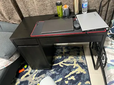 Compact black study desk with drawer and cabinet — good condition