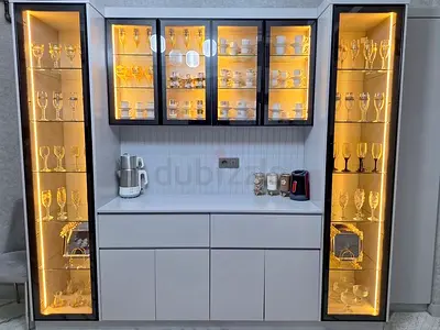 Modern Display Cabinet with LED-lit Glass Shelves and Storage