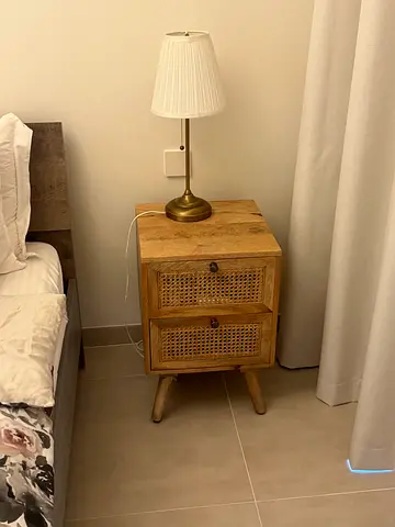 Solid Wood Bedside Table with Rattan Doors - Light Oak * 2 and two bedside lamps
