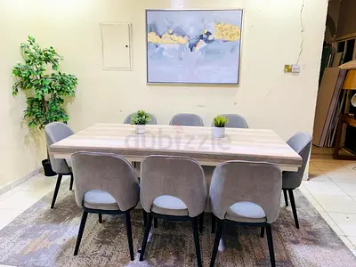 8-Seater Dining Table with Upholstered Chairs – Light Wood Finish