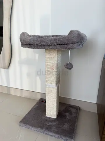 Grey sisal scratching post with perch and toy - good condition