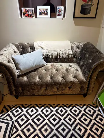 Used grey plush couch- needs minor repair (see photo)