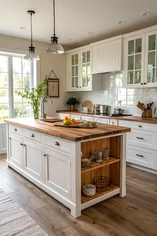 Solid Wood Kitchen Island with Storage Shelves - White Finish