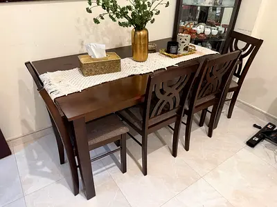 Solid Wood 6-Seater Dining Table with Chairs - Dark Brown