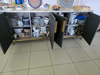 Modern sideboard / storage cabinet - Marble top, grey with gold legs