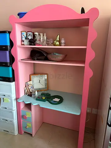Pink Childrens Study Desk with Shelves and Drawers