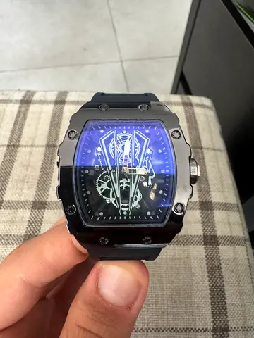 Black Tonneau Mechanical-Style Mens Watch with Rubber Strap