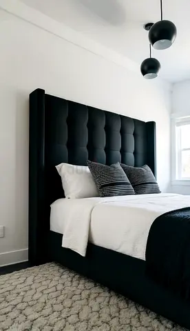 King/Queen Upholstered Black Tufted Bed Frame with Headboard