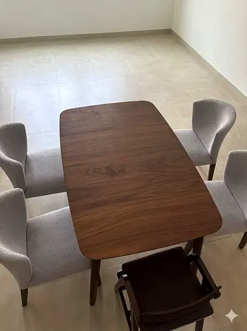 Solid wood rectangular 6 - 8 seater dining table with upholstered chairs + toddler high chair